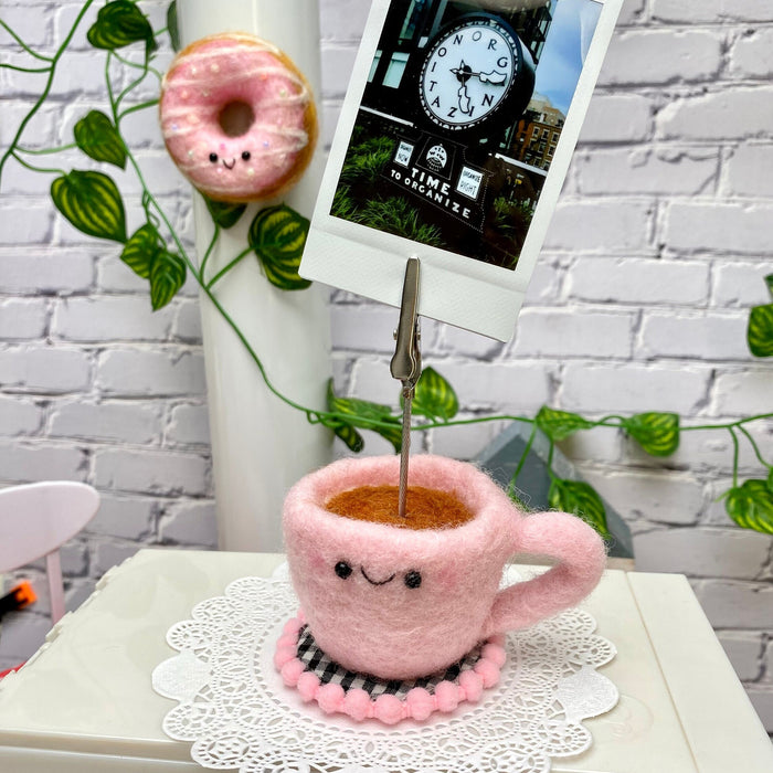 Donut Fridge Magnet & Coffee photo holder, Pink Set