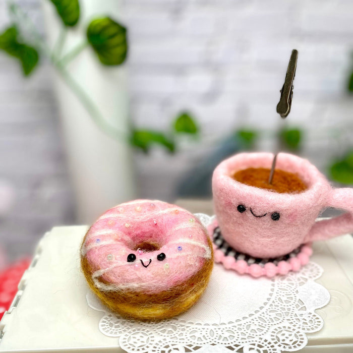 Donut Fridge Magnet & Coffee photo holder, Pink Set
